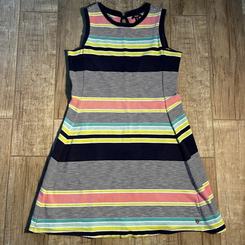Hatley Women Striped A-Line Dress Navy Pink Lime Sleeveless Cotton Stretch L EUC